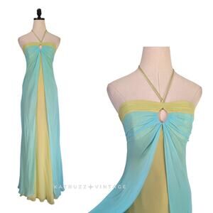 Vintage Prom Dress Maxi Gown 2P Blue Yellow Y2K Silk Fairy Babydoll Empire Split